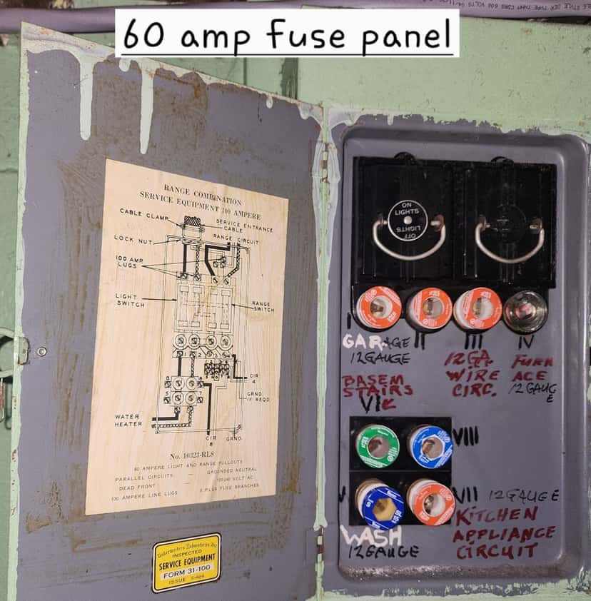 Old 60-amp fuse panel with screw-in fuses and handwritten circuit labels